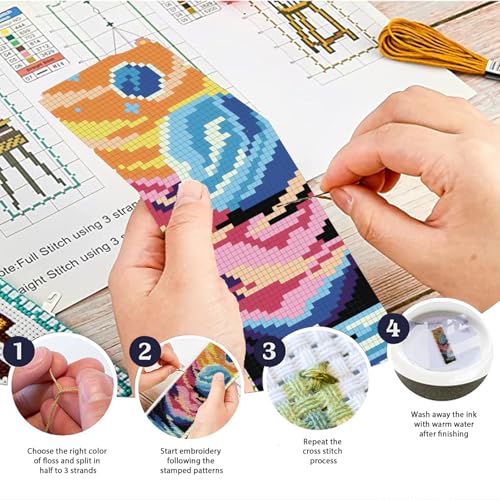 ACRNIGHEET 6PCS Stamped Cross Stitch Bookmark Kit for Beginners Planet - style: Planet Patterns