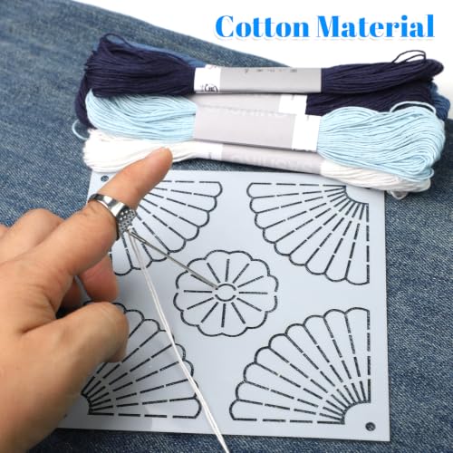 64 Pcs Sashiko Kit - 30 Sashiko Templates, 8 Skeins Sashiko Thread, Needles, Water Erasable Pens, Thimble & Seam Ripper for Japanese Embroidery, Hand Quilting & Mending