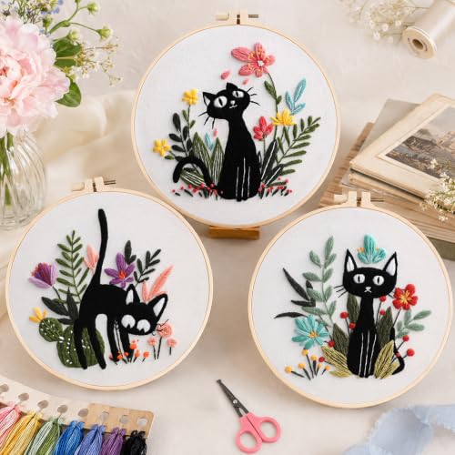 Meyocky Embroidery Kit for Beginners with Cat Flower Patterns& Stitch Video - color: Cat
