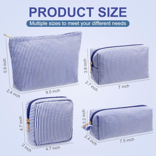 Sanwuta 4 Pcs Seersucker Pouch Striped Makeup Bag Set, Navy Blue - color: Navy Blue