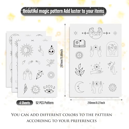 Magibeads 52 Patterns Water Soluble Embroidery Patterns Sun Crescent Moon Witchy Hand Patterns Stick and Stitch Transfer Embroidery Paper for Adult Beginners Hand Sewing Starter Kit - color: Witchy