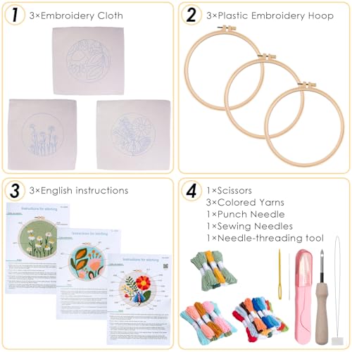 Punch Needle Kit for Adults Beginners - 3 Sets DIY Embroidery Starter Kit - color: 08-flowers A2