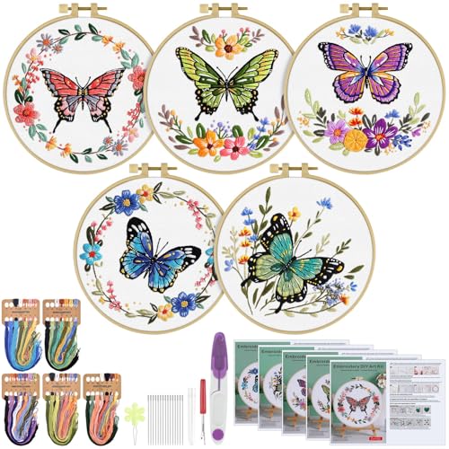 ERKOON 5 Sets Embroidery Kit for Adult Beginners Butterfly Cross Stitch - color: Butterfly and Flower
