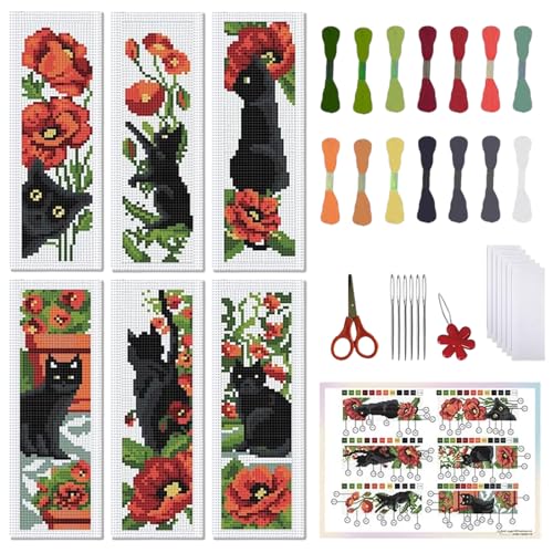 FREEBLOSS 6 Set 11CT Cross Stitch Bookmark Kits 8"x2.4" Cat&Flowers - style: Poppy&Cats