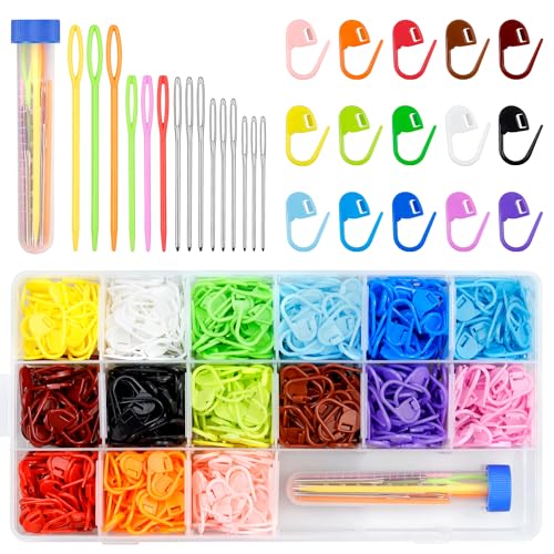 FIVEIZERO 900 Pieces Stitch Markers,with 15Pcs Large Eye Blunt Sewing Needles,Colorful Crochet Markers for Knitting Stitch Locking Clips Crochet Pins with Storage Box - size: 900PCS