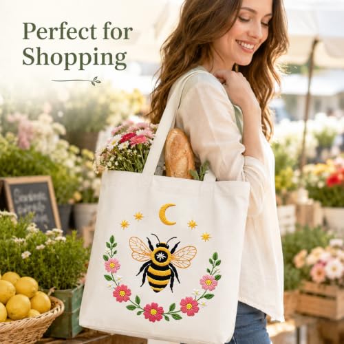 Nuberlic Embroidery Tote Bag Kit for Beginners with Bee Floral Pattern - color: bee2