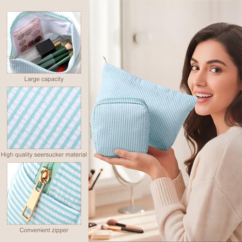 Sanwuta 4 Pcs Seersucker Pouch Striped Makeup Bag Set, Light Blue - color: Acid Blue