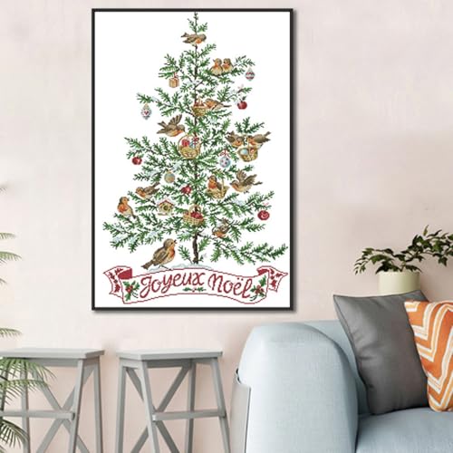 Rosyfoxes Cross Stitch Kits Stamped Full Range of Embroidery Starter Kits for Adult DIY 14CT 2 Strands -Printed kit The Christmas Tree with Birds (Printed) 18.1×25.2inches - color: The Christmas Tree With Birds(printed)18.1×25.2inches