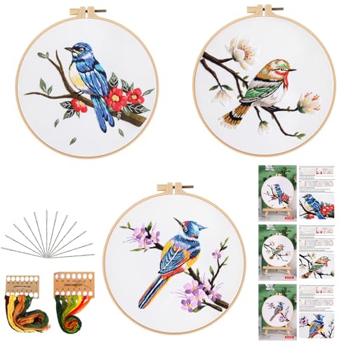 GLTAYLMY 3 Sets Embroidery Kit for Beginners Needlepoint Cross Stitch Kits for Adults,Stitch Learning DIY Kit with Easy Instruction,Stamped Bird Embroidery Patterns,Hoop,Threads,Sewing Hobby - color: BirdEK