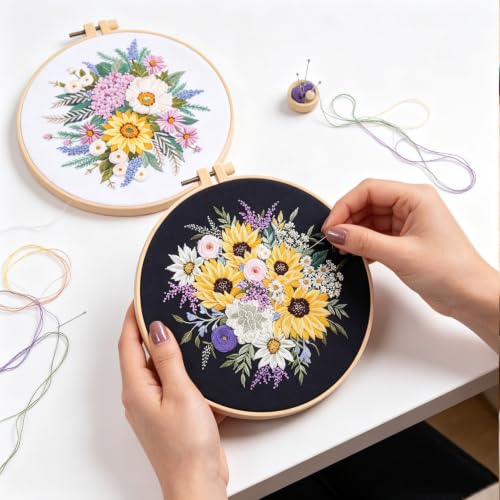 Silentsea Floral Embroidery Kit with Hoop, Sunflower Bouquet Pattern, 3 Designs, Beginner Cross Stitch Set