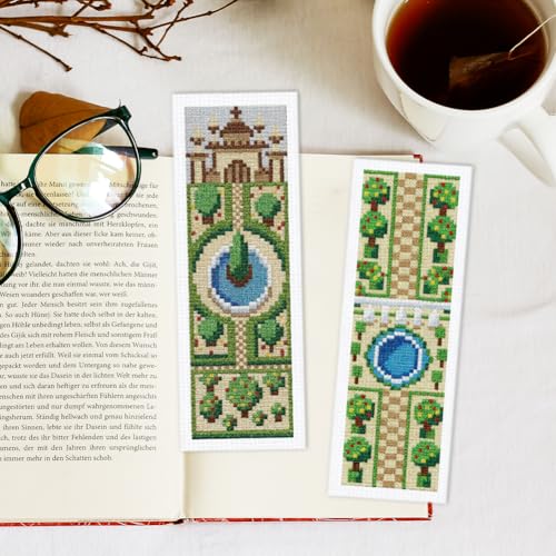 INFUNLY 6PCS DIY Garden Cross Stitch Bookmark Kits 3×8.5inch Fountain Stamped Embroidery Page Marker Kits Plant Needlepoint Bookmark Kit with Pre-Printed Pattern for Book Lovers Readers - style: Garden