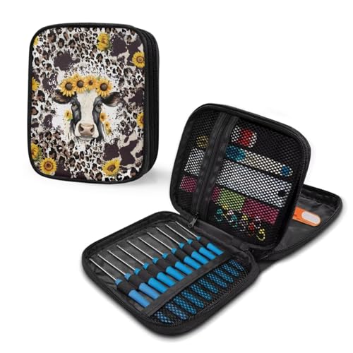 Kathyboom Cowhide Sunflower Empty Crochet Hook Case - Crochet Hook Organizer Case Crochet Hook Holder for Knitting & Crochet Supplies, Crochet Needles, Crochet Accessories - color: Cowhide Sunflower