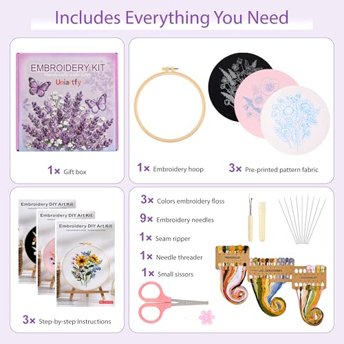 Uniartfy 3 Sets Embroidery Kit for Adults, Flower Pattern Embroidery Practice Kits for Beginners, Needlepoint Cross Stitch Kits Include Hoop, Colorful Threads, Tools, Easy to Learn Video & Instruction - color: Embroidery Kit-G