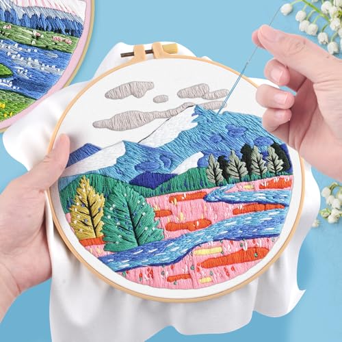 ERKOON 3 Sets Embroidery Kit, Floral Cross Stitch Set for Include Embroidery Cloth Hoops Threads for Craft Lover Hand Stitch (Landscapes) - color: Landscapes
