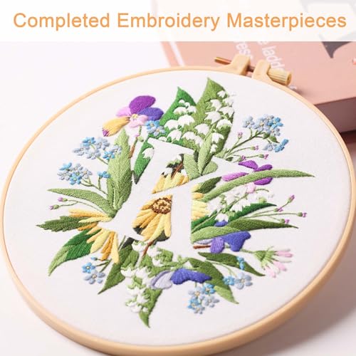 Harimau Letter K Pattern Embroidery Kit for Adult Beginners, Complete Starter Pack with 1 Hoop, Needles, Instruction Guide & Embroidery Stitch Video Tutorials - color: K