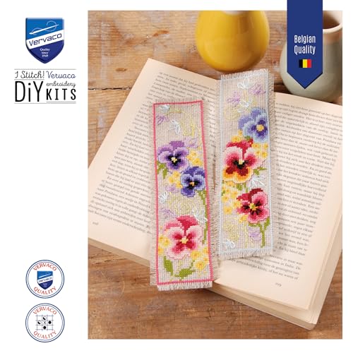 Vervaco Counted Cross Stitch Bookmark Kit for Beginners Floral Embroidery Pattern for Book Lovers2,4" x 8" DIY Crafts for Adults Creative Book Lovers Gift Starter Craft Kit Supplies - size: Violets