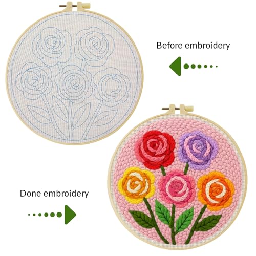 ZuoAnLF Punch Needle Kit for Beginner, Rug Yarn Hooking Beginner Kit with Instruction, Punch Needle Fabric with Pattern, Yarns, Embroidery Hoops for Punch Needle 20CM/9.8INCH (Flower) - color: flower