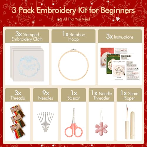 wtisan Christmas Embroidery Kit, Cross Stitch Kits for Beginners, Needlepoint with All Tools & Instructions, Stamped Hand Embroidery Starter Kit for Holiday Crafts & Xmas Home Decor, W12 - color: W12, size: 3 Pack