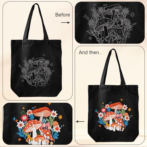 Louise Maelys Embroidery Kit Canvas Tote Bag with Mushroom Floral Pattern - color: mushroom art