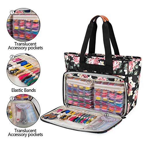 Yarwo Embroidery Project Bag with Multi Pockets for Cross Stitch Supplies - color: Black Peony