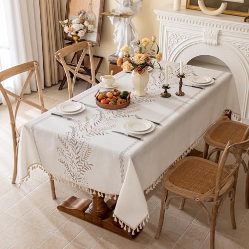 Joyfol Day Rustic Waterproof Linen Tablecloth, Heavy Weight Fern Embroidery Table Cloths for Rectangle Tables, Farmhouse Spill-Proof Table Covers with Tassels, Coffee 55''x 70'' - color: Coffee Fern, size: 70" x 55" (Rectangular)