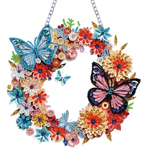 STGLCR Butterfly Diamond Art Hanging Kit for Adult Wreath, DIY Acrylic Flowers Diamonds Painting Double Sided Ornament Pendant Board Kit Floral Diamond Painting Art for Christmas Decro 9.4inch - color: 75-Butterfly Flowers Wreath