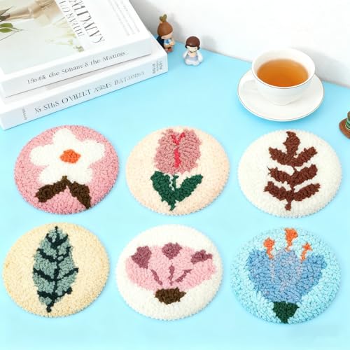 6 Pcs Punch Needle Coaster Kit for Adults Beginner, Plant Floral Punch Needle Embroidery Kit with Yarns, Hoop, Threader, Felt Cloths, Instruction, Coaster Making Supplies for Home Decor, Gift Making