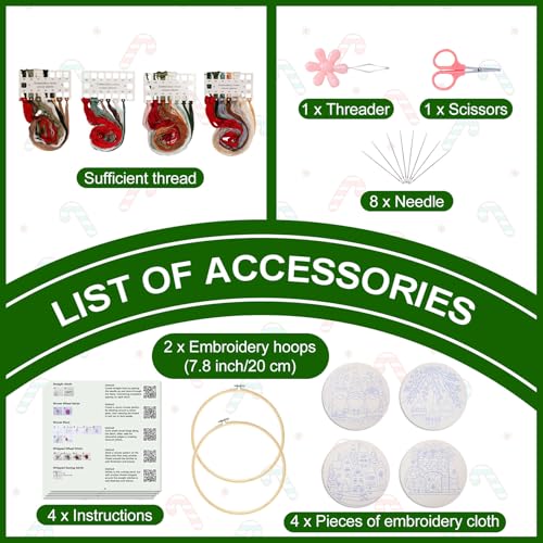 Santune Christmas Embroidery kit,Fall Needlepoint Cross Stitch Kits for Beginners Adult,Needle Point Sets,4 Embroidery,2 Hoops,Christmas Ornaments - color: Christmas x4