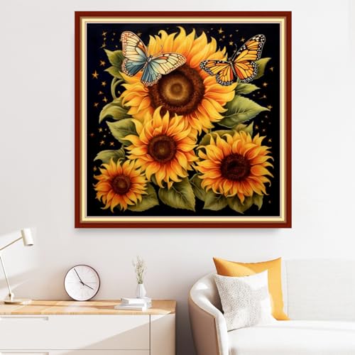 Disxvivy Cross Stitch Stamped Full Embroidery Kits DIY 11CT Cotton Thread Printed DIY Needlepoint Kits Craft Needlework Set Cross-Stitch Stamped Sets-Sunflower Butterfly 18x18 inch - color: Artstyle11