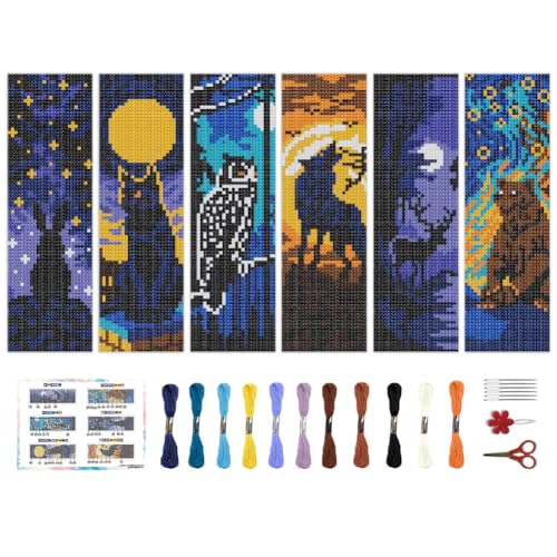 BEUNITONE 6 Pcs Cross Stitch Bookmark Kit for Beginner Black Moon Animals Counted Cross Stitch Kit with Instruction Stamped Embroidery Bookmarks Handmade for DIY Crafts Book Lovers 8.5''x3'' - style: Animal and Night Scene