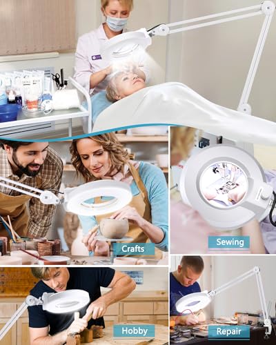 15X Super Bright 2,200 Lumens Magnifying Glass with Light and Stand, Floor Lamp with 5 Wheels Rolling Base for Lash Estheticians, Stepless Dimmable, LED Lighted Magnifier for Sewing Crafts - White - color: White