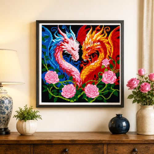 Zhenqing Twin Dragon Heart Stamped Cross Stitch Kit for Beginners, 11CT Printed Full Coverage Fire and Ice Dragon with Roses Pattern, 38 x 38 cm DIY Fantasy Embroidery Needlework Set, No Hoop Needed - color: Fire & Ice Dragon Heart