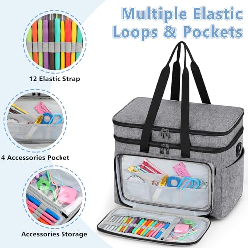 Crochet Organizer Bag with Yarn Holder, Large Yarn Storage for Accessories - color: Gray