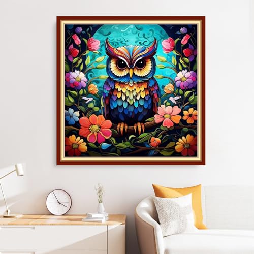 Disxvivy Cross Stitch Stamped Full Embroidery Kits DIY 11CT Cotton Thread Printed DIY Needlepoint Kits Craft Needlework Set Cross-Stitch Stamped Sets-Colorful Owl 18x18 inch - color: Artstyle17