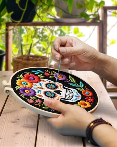 TINDTOP Embroidery Kit for Adult Beginners, Embroidery DIY Starter Kit, with Stamped Patterns, Hoop, Tools, Colorful Threads with Needles, Instructions (Skeleton B) - color: Skeleton B