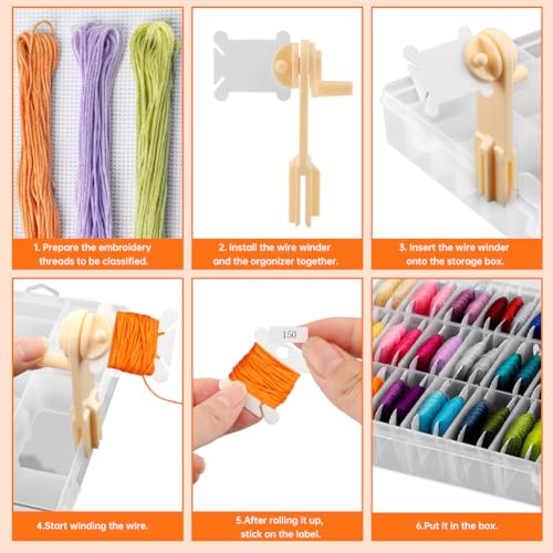 Embroidery Floss Organizer, Cross Stitch Thread Storage Set with 100 Pcs Floss Bobbins, Winder, Marker and Stickers, Removable 24 Compartments Case for Craft DIY Sewing Storage