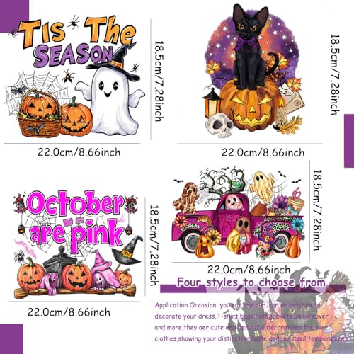 4 Packs Halloween Iron on Patches for Clothing Pink Pumpkin Ghost Heat Transfer Vinyl HTV Decals Black Cat Bat Spider Cat Pattern Iron on Transfer Stickers for T-Shirt Clothes Pillow Hoodie DIY Craft - color: H