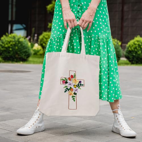 Louise Maelys Cross Floral Embroidery Kit for Beginners Canvas Tote Bag - color: cross lily