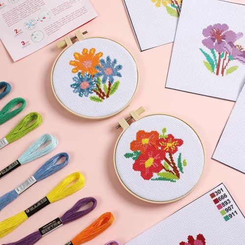 ZOIIWA 6 Pcs Flower Cross Kit for Beginner Flower DIY Embroidery Kit