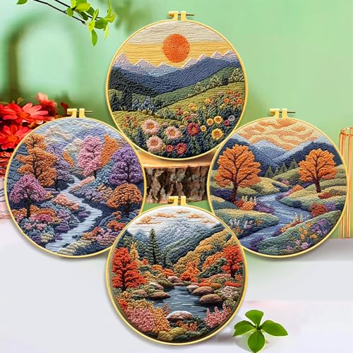 Zhenqing Mountain Landscape Embroidery Kit 4 Pack, Seasonal Scenery Craft Set with 20cm Hoop, Printed Designs on 29x29cm Cotton Fabric, DIY Nature Wall Art (JC0166)