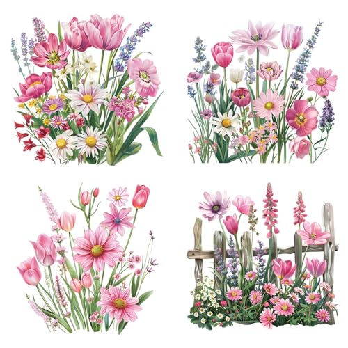 Pink Flower Iron on Patches for Clothe - 4PCS Spring Wildflower Design Iron on Applique Sticker Pink Tulip Lily Daisy DTF Transfer Ready to Press Heat Transfer Vinyl Decal for T-Shirt Bag Pillow Cover - color: Pink Wildflower A