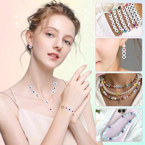 Amaney 1500 Pieces 4x7mm White Round Acrylic Alphabet Letter Beads A-Z Number Beads Star Beads Heart Beads and Crystal Line for Jewelry Making - color: White&Number, size: 7x4mm