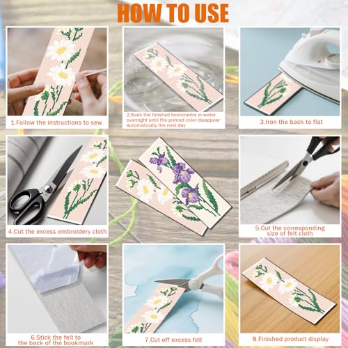 FREEBLOSS 6 Set Cross Stitch Bookmark Kit 6-Colored Flowers Pattern Stamped Cross Stitch Kit 11CT Embroidery Kits with Instructions for Beginners Adult 20x6cm/8x2.4inch - style: Flower Branches 2