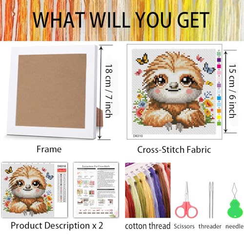 VIGEGU Sloth Stamped Cross Stitch Kits for Adult Beginner with Frame - color: Sloth Cross Stitch with Framed