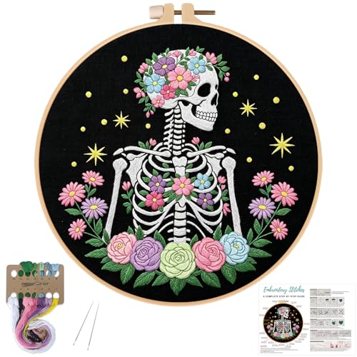 Louise Maelys Halloween Skeleton Floral DIY Embroidery Kit for Beginners - color: Skeleton1