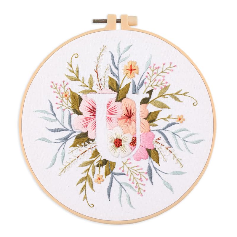 Amiiba Embroidery Starter Kit with Letter U Pattern, DIY Full Range Stamped Embroidery Cross Stitch Kits for Beginners Adults (Letter U) - color: Letter U