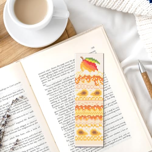 FREEBLOSS 6pcs Fruit Cake Cross Stitch Bookmark Kit 11CT Stamped Cross Stitch Kit DIY Embroidery Bookmarks Set with Felts Backing Instructions for Adult Beginners 8"x2.4" - style: Cake cutting surface