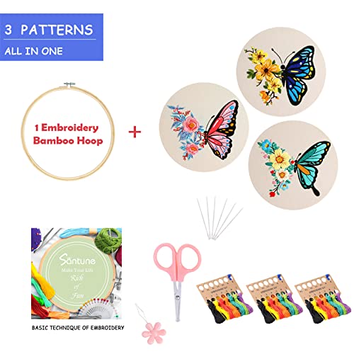 Santune 3 Pack Embroidery Kit for Beginners Adults Cross Stitch Kits with Butterfly Patterns and Instructions,DIY Hand Crafts with 1 Hoop,Threads and 6 Needles - color: Butterfly Series