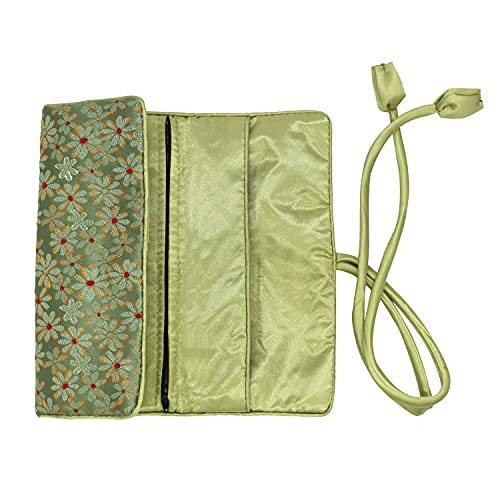 SmilerSmile Jewelry Travel Bag Embroidery Travel Jewelry Organizer with Tie Close Embroidered Flower Jewelry Roll for Women Girls (Flower Green) - color: Flower Green