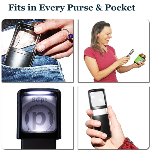 Small-Magnifying-Glass with LED-Light 3X Lighted-Pocket EasY Magnifier -Hand Held Lighted Magnify Glasses for Close Work Reading Books Pill Bottles; Mini Lens for Visually Impaired A Low Vision Aid